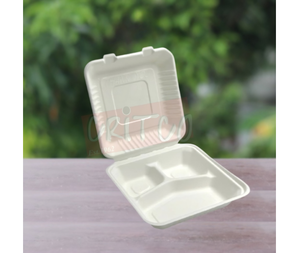 8x8 Bagasse 3Comp Hinged Container-White