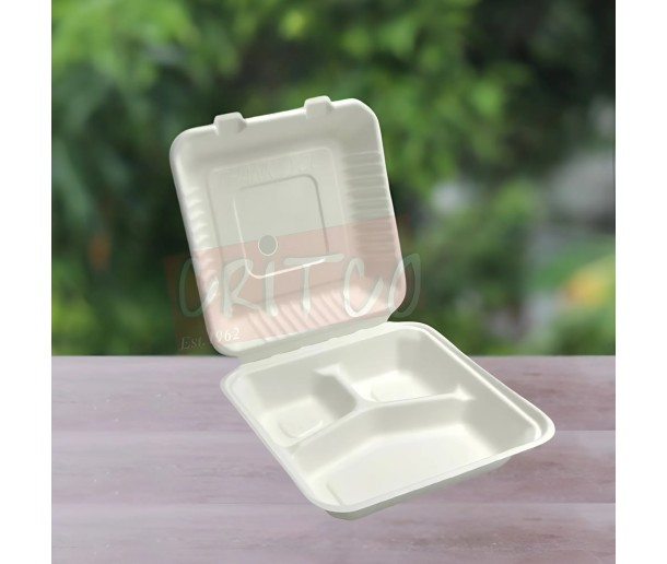 8x8 Bagasse 3Comp Hinged Container-White